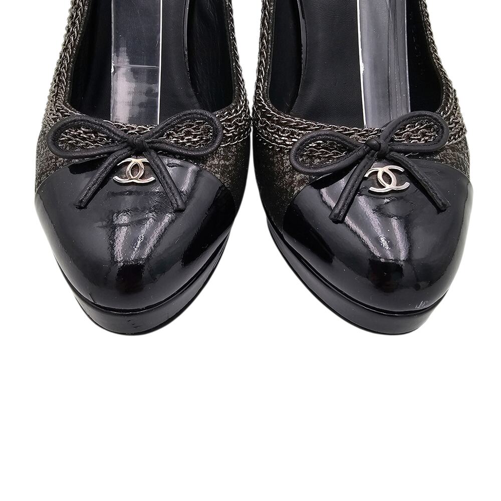 Chanel CC Slingback Chain Heel Pump Black Patent Vintage Gold Size 38.5 US 7.5 8 - Picture 4 of 15